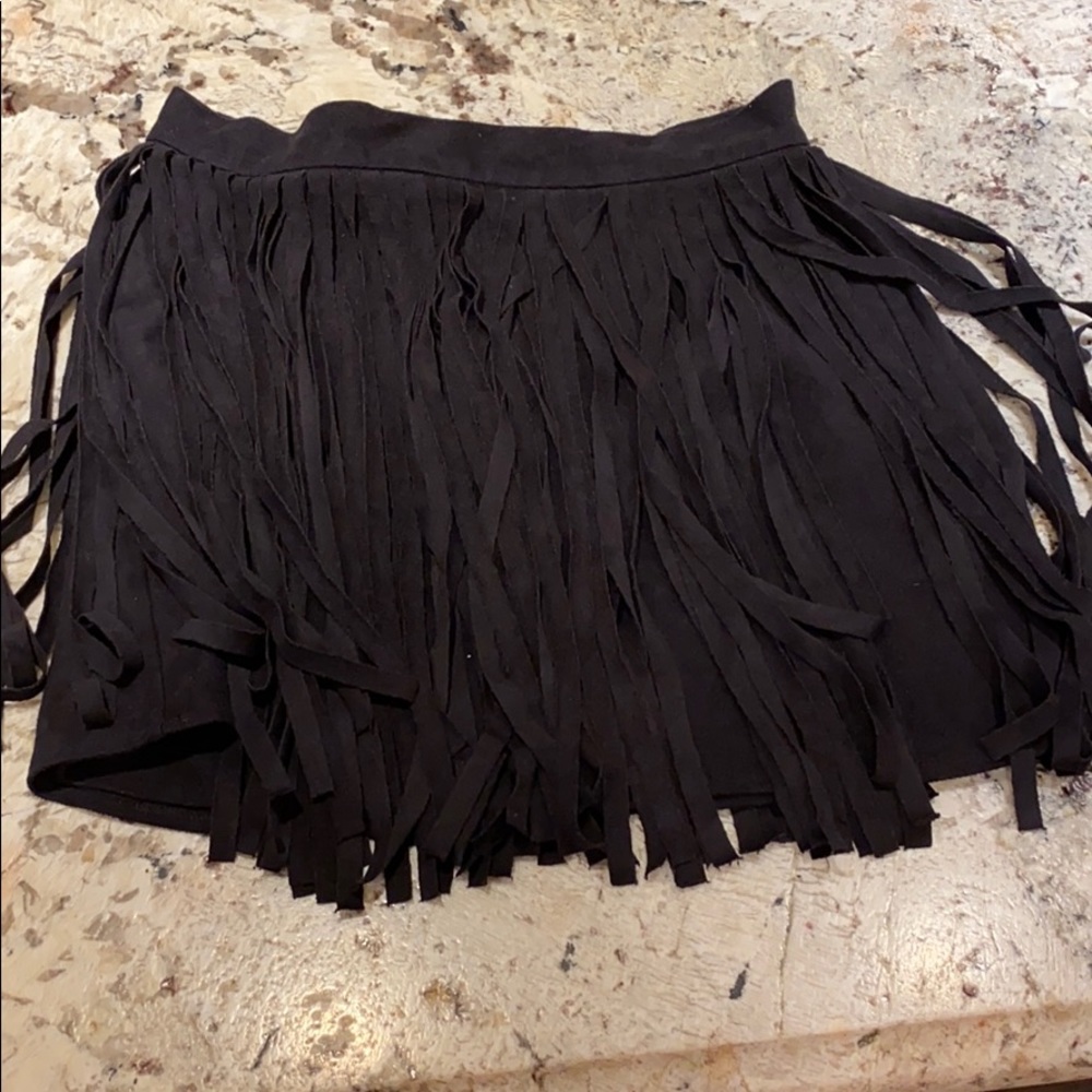 Black faux suede fringe skirt